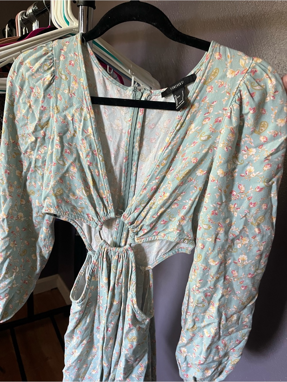 Forever 21 Light Blue Floral Long Sleeve Cutout Dress
